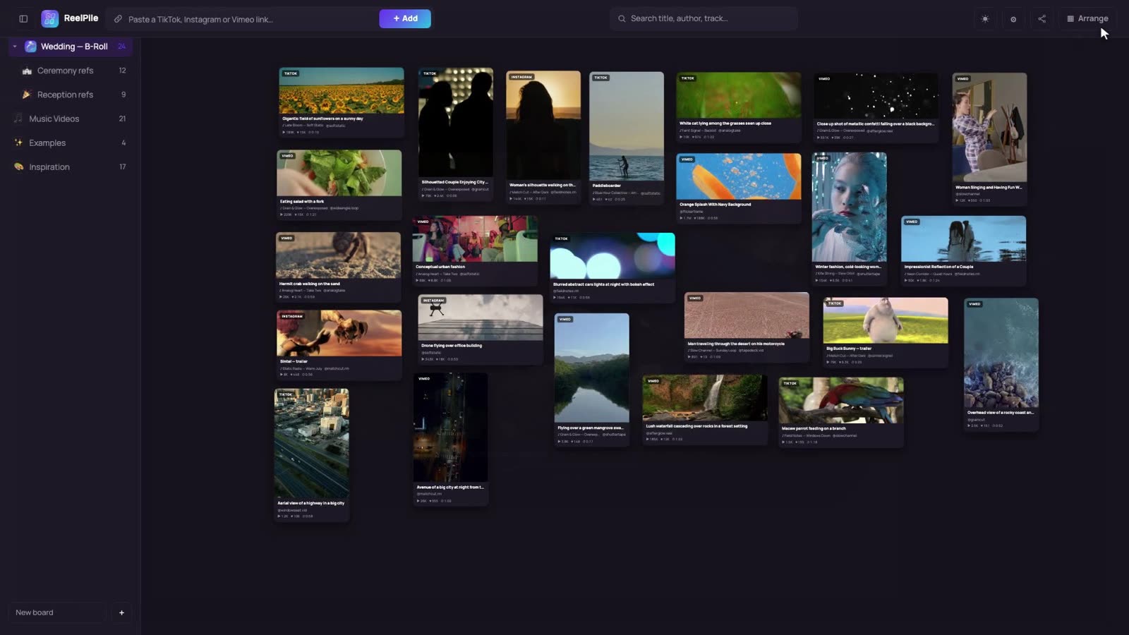 ReelPile on macOS: a board of video reference cards with a link field at the top and boards listed in the sidebar